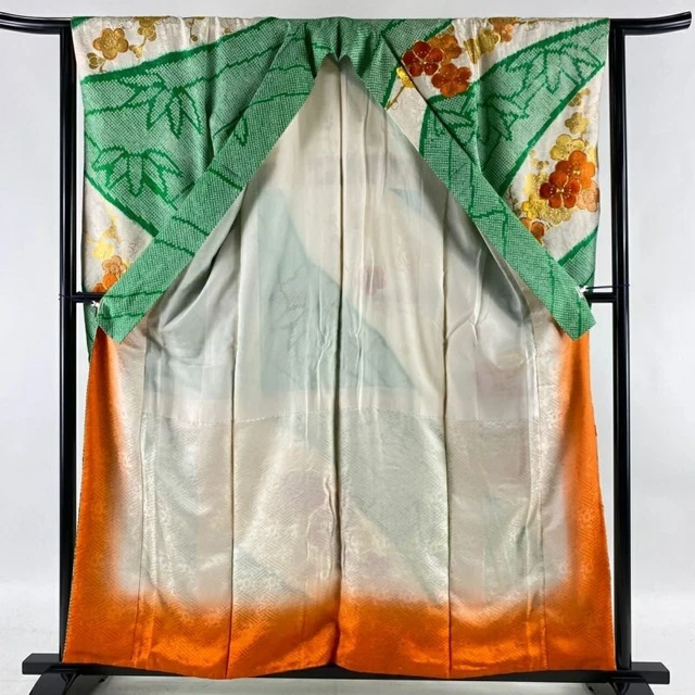 Japanese Kimono Furisode Pure Silk Prunus Japonica Bamboo Grass Embroidery Green 3