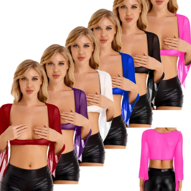 WOMEN MESH SEE Through Sheer Open Bust Flare Sleeve Belly Dance Crop Top  Shirts $7.91 - PicClick