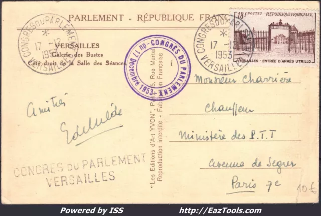 France N° 939 Sur Cp Avec Cachet Congres Du Parlement Versailles Du 17/12/1953