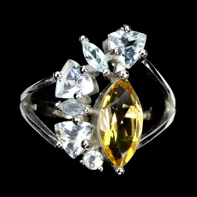 Non Chauffé Marquise Citrine Jaune 12x6mm Aigue-Marine 925 Bague en Argent