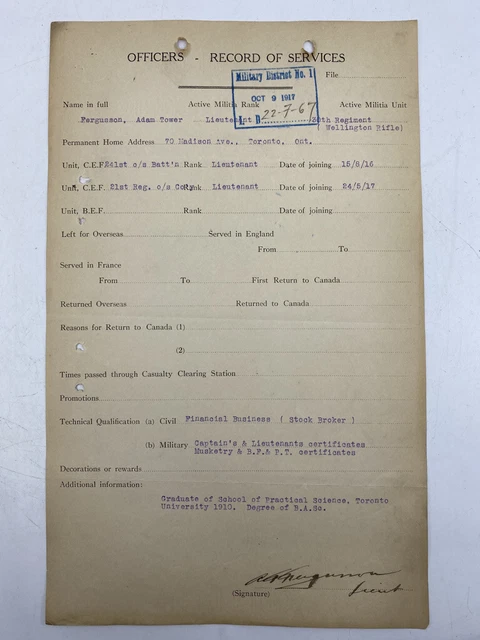 WW1 CANADIAN CEF Officers Record of Service Lt Fergusson 21st Btn £9.58 ...