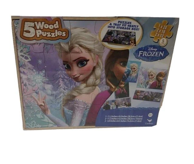 Disney "Frozen" 5 Wood Puzzles W/Tray & Storage Box - NEW - Factory Sealed