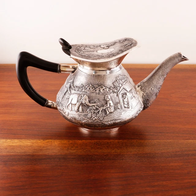 Heavy Asian Silver Teapot Rural People Village Scenes Animals No Mono