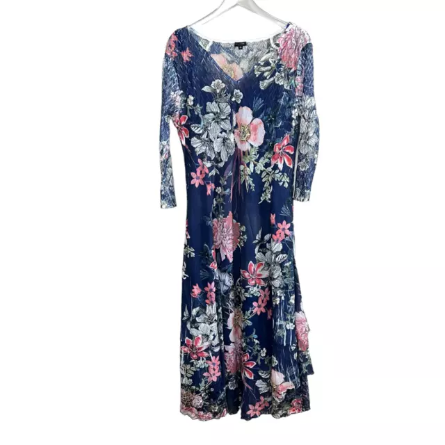 Komarov Plus 1x Floral Charmeuse & Lace Cocktail Midi Dress 3/4 Sleeve Stretch