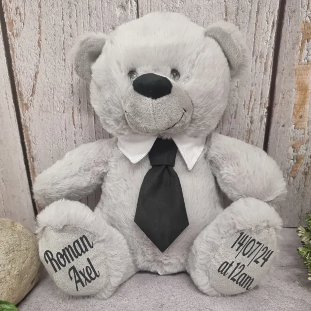 Grey Baby Boy Bear with Black Tie 30cm, Newborn Gift