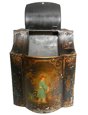 Scarce 19Th C Chinese Antique Painted Tin Toleware Tea Storge Bin, W/Tea Server 3