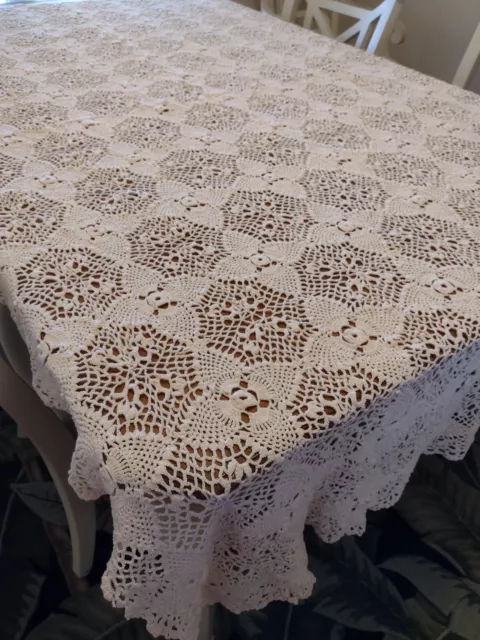 Gorgeous Hand Crocheted Blush Beige Color Pineapple Pattern Tablecloth 90 x 50"