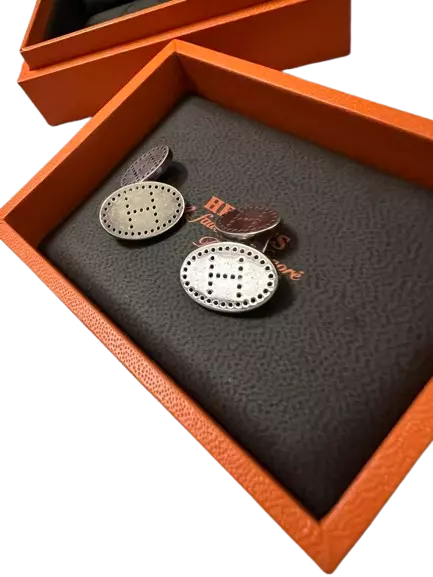 Hermes Cufflinks Dotted H Luban Logo Silver 1 x 1.7cm w/ box from JP