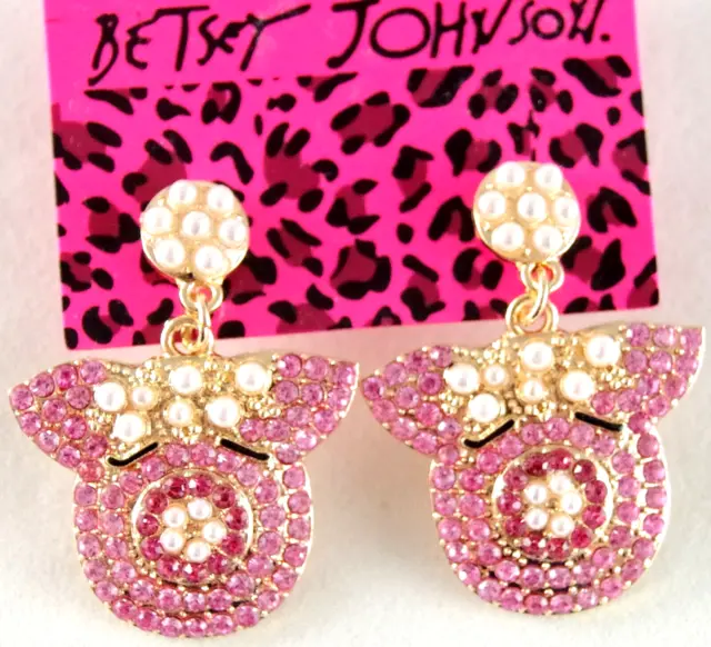 New Betsey Johnson Faux Pearl & Crystal Rhinestone Pink Pig Drop Dangle Earrings