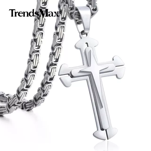 Unisex Mens Byzantine Chain Silver Stainless Steel Cross Pendant Necklace 18-30"