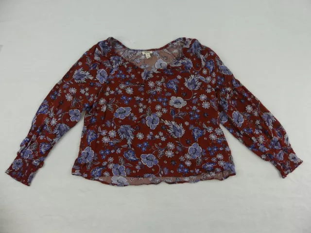 ANA A New Approach Shirt Womens Medium Brown Blue Floral Smocked Cuff Peasant