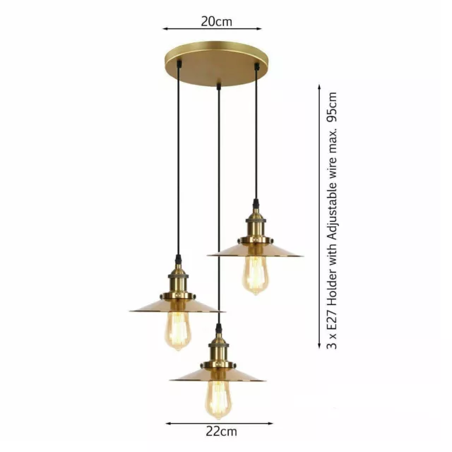 Vintage 3 Way Pendant Light Industrial Brass Shade Hanging Ceiling Light E27 Fit 3