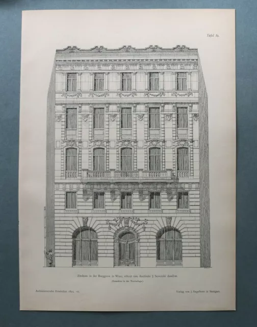 AR93) Architektur Wien 1893 Zinshaus Burggasse Fassade Haus Holzstich 28x39cm