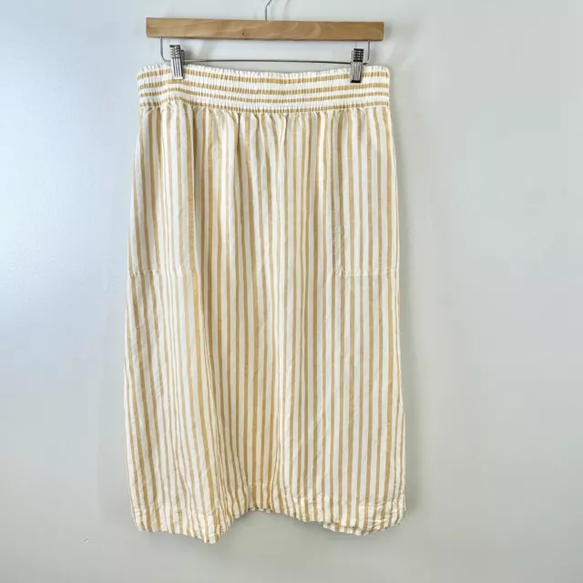 Madewell Skirt Womens L Smocked Waist Midi Yellow Stripe Linen Blend Pull On