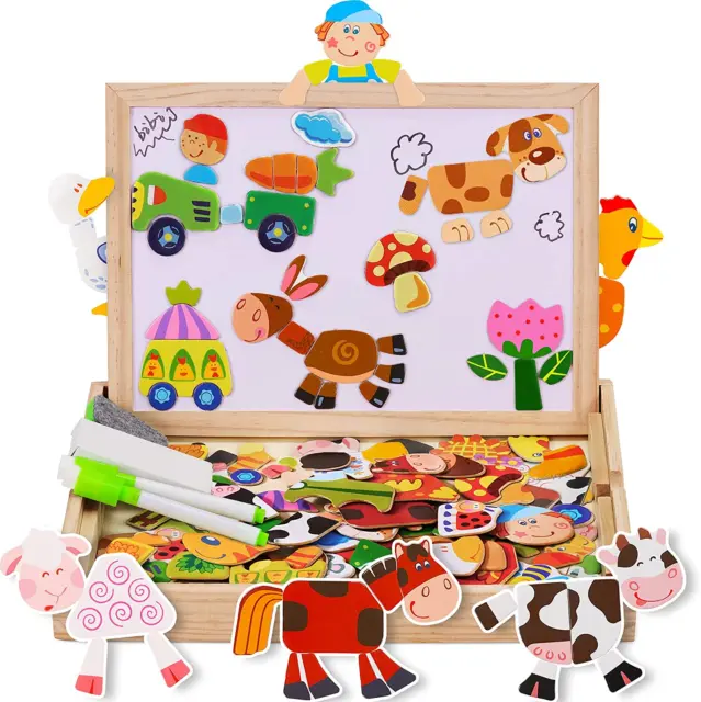 Wooden Magnetic Board Puzzle Games, 100+ PCS Double Sided Jigsaw Farm Pattern Dr