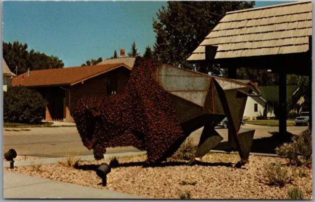 1960s BUFFALO, Wyoming Postcard Buffalo Statue / Downtown Street Scene - Unused