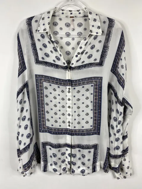 Free People Blouse Womens Size XS White Blue Button Up Collared Long Sleeve