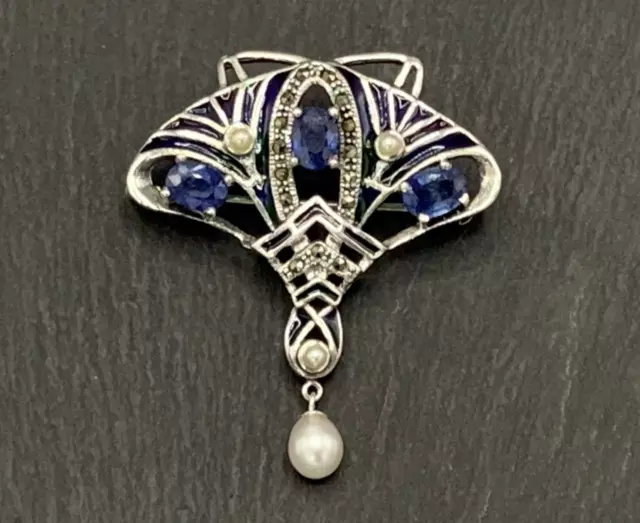 Broche Art Nouveau Saphir, Markassite, Perle & Émail 925er Argent