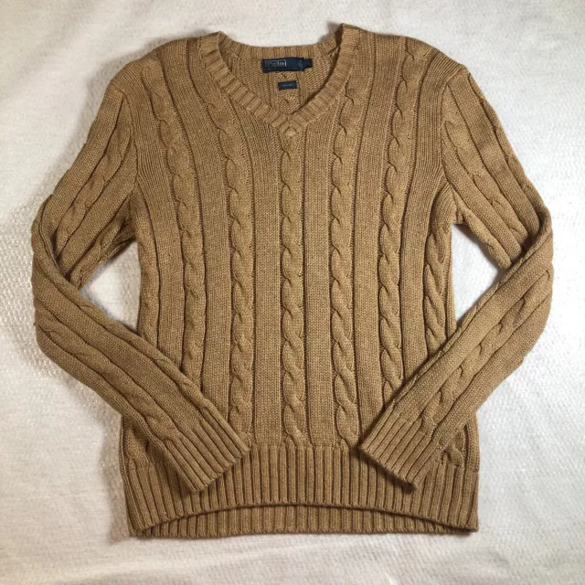 VTG Polo by Ralph Lauren Mens Silk Sweater Size L Brown Cable Knit Long Sleeve