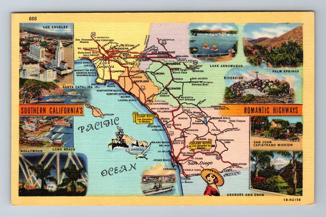 CA-California, Aerial Of Landmarks On Map, Antique, Vintage Postcard