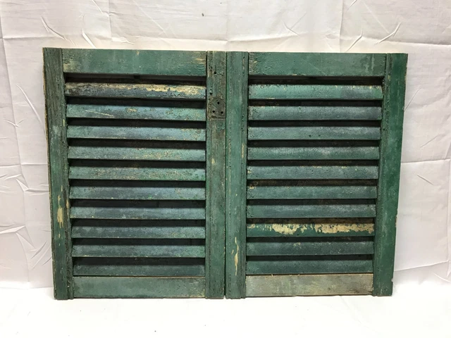 Pair VTG Shabby 15x21 Green Antique House Wood Window Shutters Old 859-23B