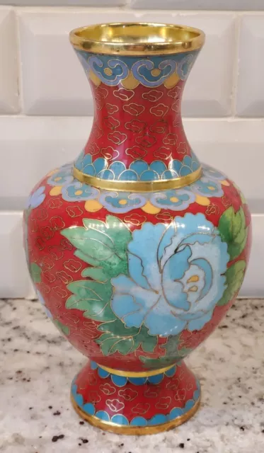 Red Chinese Cloisonné Vase w/ Colorful Flowers and Bird, 6" Tall - EUC