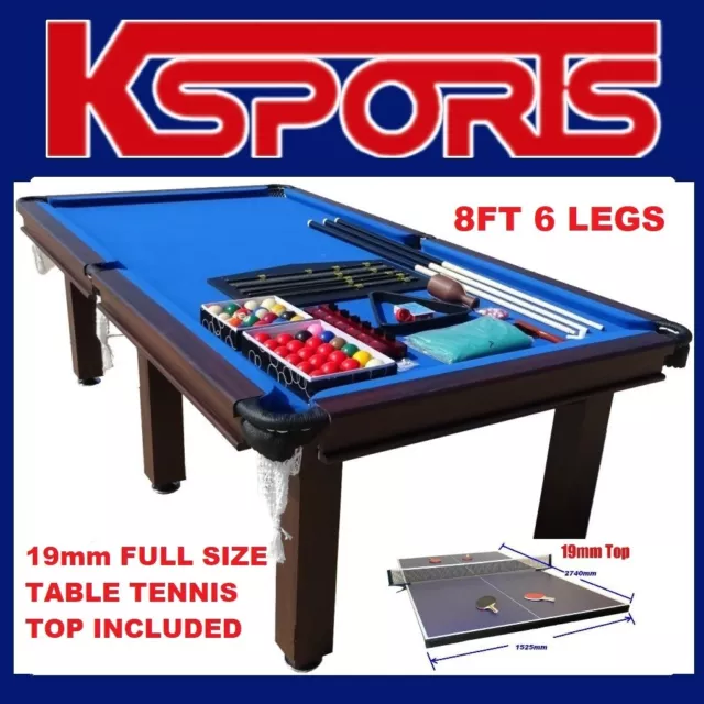 POOL TABLE 8FT SNOOKER BILLIARD TABLE 25mm TABLE TOP WITH FULL SIZE TABLE TENNIS