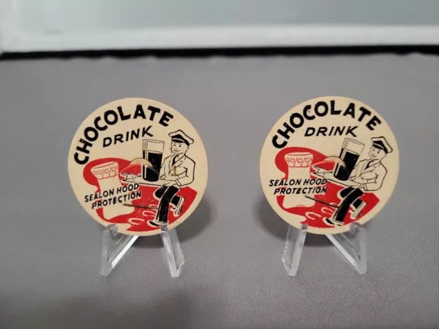 Chocolate Drink Sealon Hood Protection Milkman w/Glass Milk Bottle Cap Lot of 2