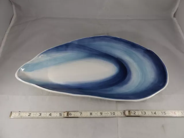 Cracker Barrel Oyster Shell Shaped Heavy Ceramic Platter Blue 16"  Beach Decor
