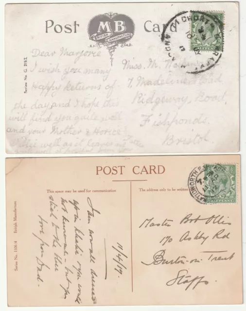 1917 x 2 DIFF TIDWORTH BARRACKS ANDOVER  CDS & SKELETON POSTMARKS ON 2 PPCs