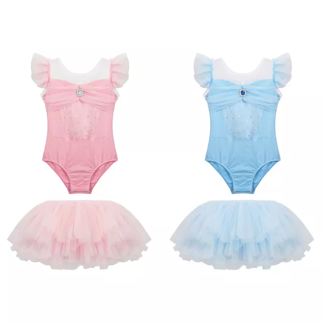 Kids Girls Dancewear Patchwork Bodysuit With Skirt Cute Ballet Dance Outfits