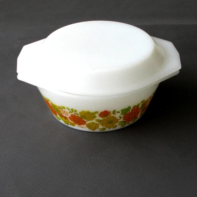 Petite cocotte avec couvercle ARCOPAL publicitaire CODEC -Fleurs orange vintage
