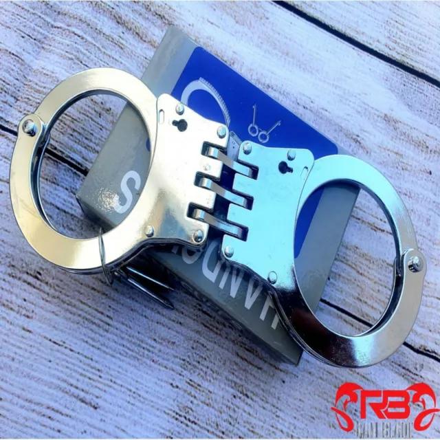 NEW Police Silver STEEL HINGED DOUBLE LOCK SECURITY HANDCUFFS W KEYS Heavy Duty