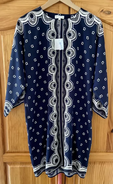 Warehouse Navy Blue Boho Floral Shift Dress Retro 60s / 70s Style BNWT Size 12