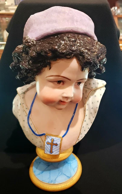 Large Antique Hand Painted French Bisque Bust Signed Guluche