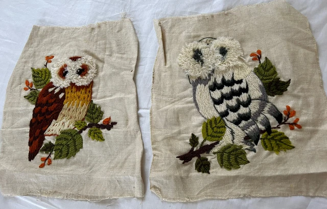 2 búhos con aguja Crewel de colección acabados sin enmarcar pared MCM 11x10"