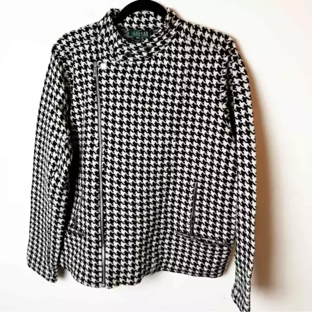 SZ 1XL Ralph Lauren Moto Jacket Sweater Houndstooth Knit Wool