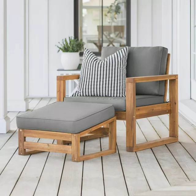 Brand New Walker Edison Modern Acacia Wood Outdoor Chair And Ottoman FLF10