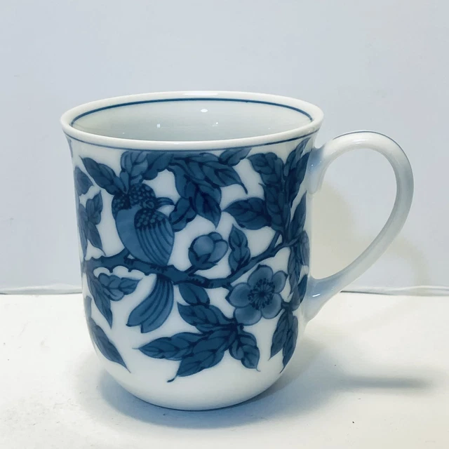 Blue and White Porcelain Cup, Bird & Floral Cherry Motif 3.75"H Oriental Asian