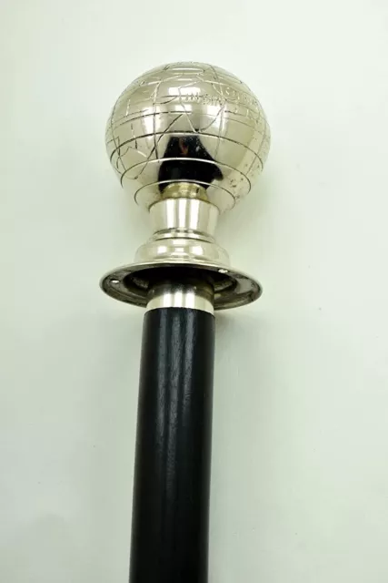 Silver brass globe head best handle vintage black wooden walking stick cane 37"