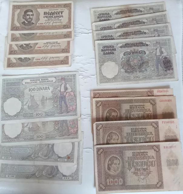 Yugoslavia Serbia Croatia 16 banknotes 50  100 1000 Dinara Kuna 1941 1942 1929