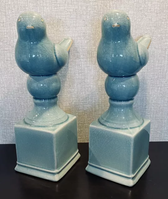 2 Porcelain 13” Turquoise ￼Doves on Columns, Statuettes, Crackle Pattern 2