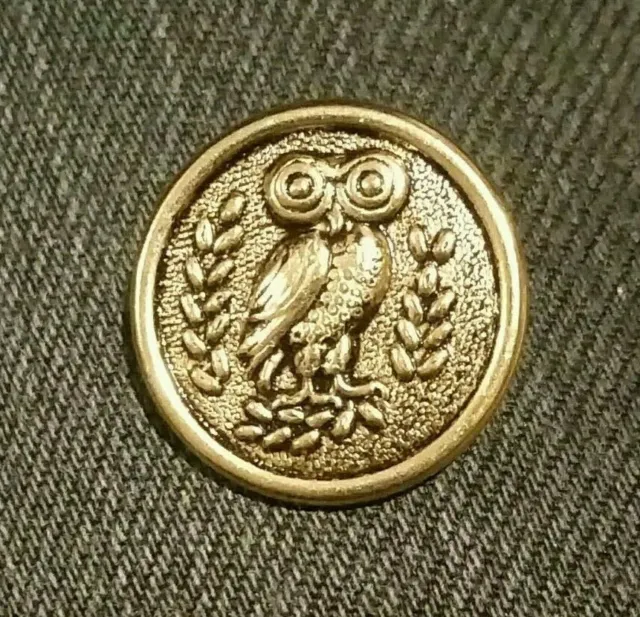 Vintage Metal Picture Button Athenian Greek Owl Large Eyes 7/8" Bird Olive Leaf