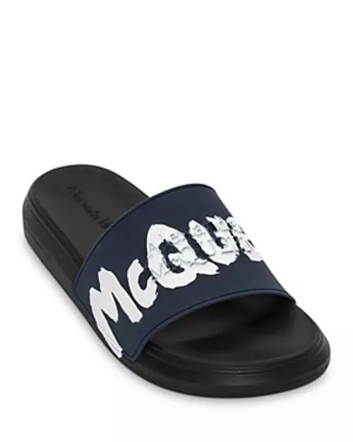 Alexander McQueen Men's Graffiti Logo Slide Sandal Black/White, EUR 44 US 11