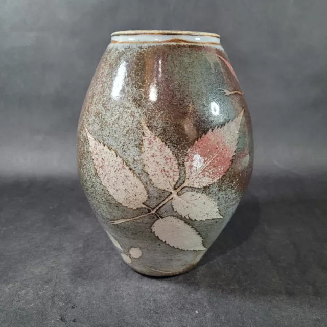 Studio Art Pottery Vase Leaf Branch Artist Signed MM Gray and Mauve 8.5" tall
