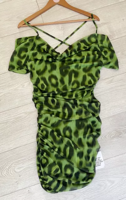 NEW ASOS DESIGN NWT Green Mesh Off The Shoulder Mini Dress Size 14 Petite