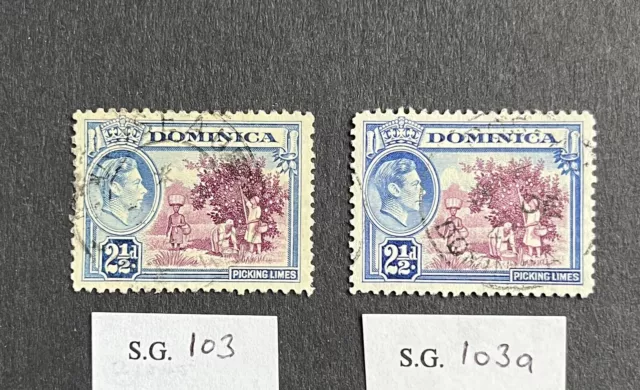 Dominica KGVI 1938 shades; SG103 + SG103a (1942); good/fine used.