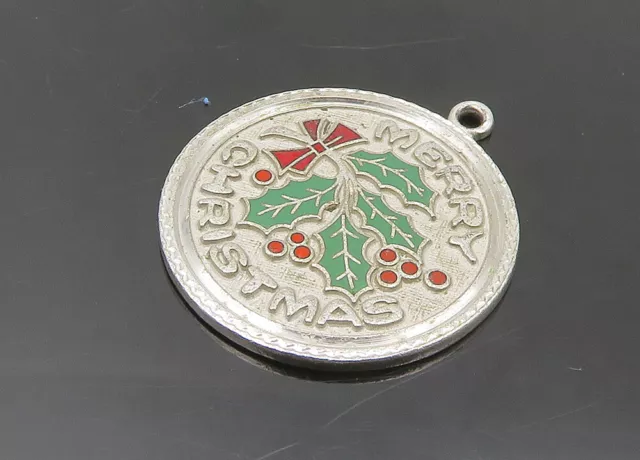 925 Sterling Silver - Vintage Enamel Merry Christmas Mistletoe Pendant - PT15670 2