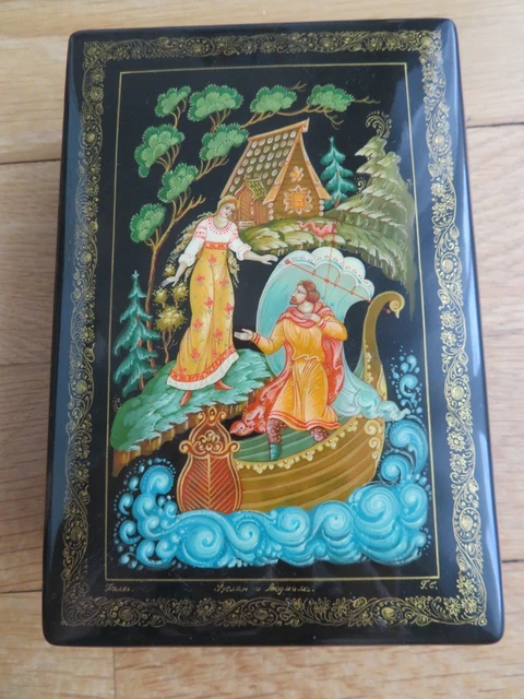 Boîte Russe Laquée Palekh Miniature - Coq D'or Avec Broche, Pierre De Mouten Oural