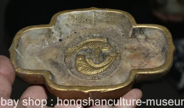 6.4" Marked Old Chinese White Jade Gilt Carving Palace Fish Ashtray